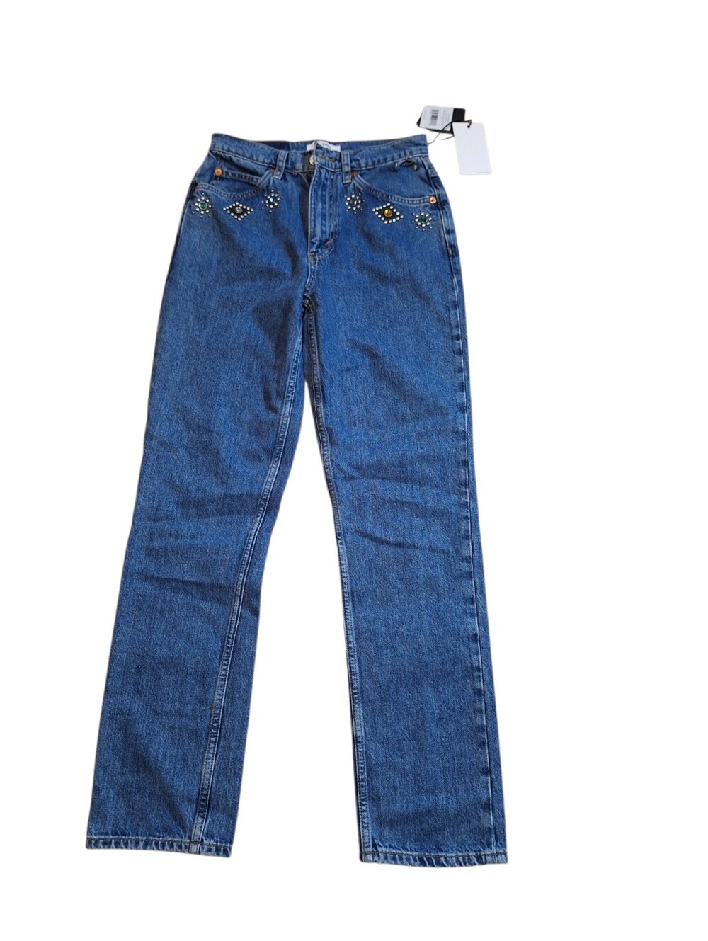 Re/Done Blue Straight-Leg Jeans with Stud Embellishment Jeweled Stone Indigo 25